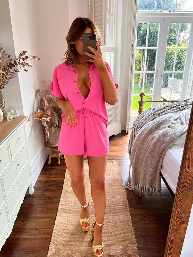 

Fashion Short Sleeve Single Breasted Loose Tops Elastic Waist Shorts Set 2023 Summer Casual Pocket 2 Piece Outfits For Women