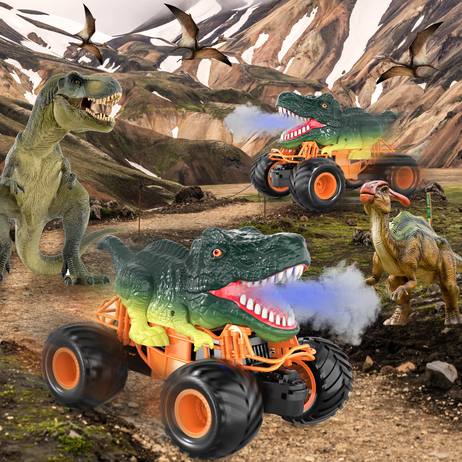 Remote Control Dinosaur Car, 2.4Ghz RC Truck for Toddlers, Electric Hobby RC Car Toys with Light & Sound Spray Birthday Gift for 5