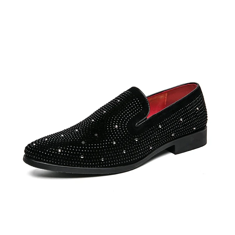 

2023 Black Rhinestone Men's Loafers Gold Spike Rivets Formal Casual Shoes Wedding Party Dress Shoes Flat Slip-On Loafers