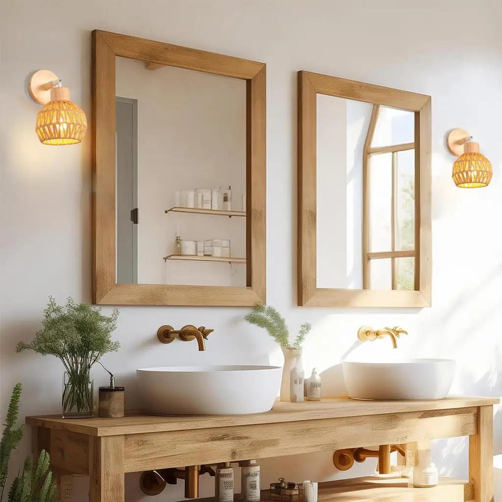 Hemp Rope Woven Wall Sconce Vintage Wood Wall Light Lighting Retro Rattan Bedside Lamp Industrial Living Room Bedroom Decor E27