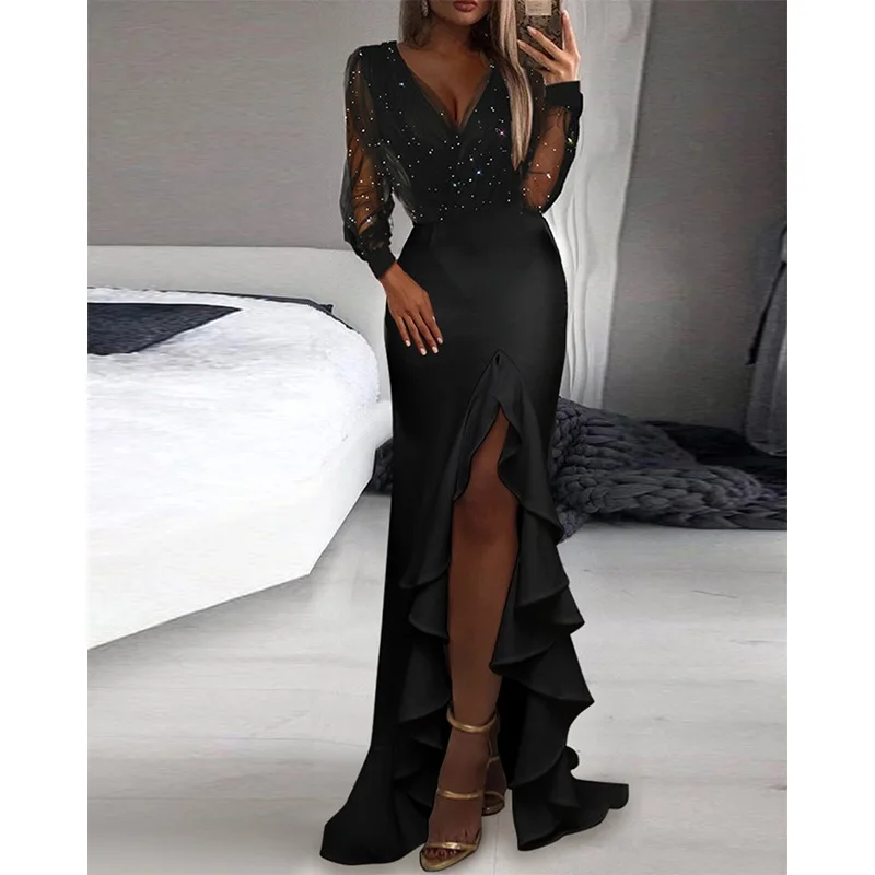 Autumn Party Women elegant V Neck Fashion Office Jumpsuit Long Sleeve Business Spring Wide Leg Pants Sequin Sheer Mesh Romper