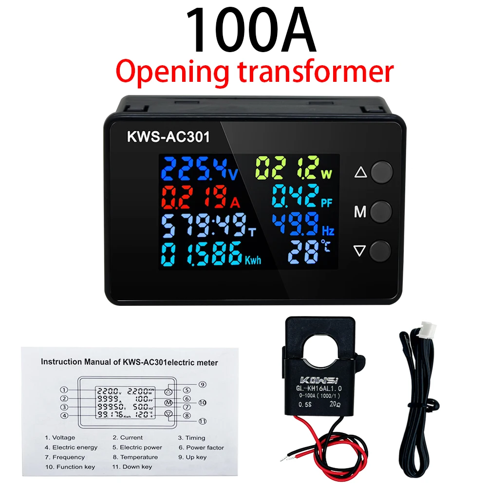 Description Picture 3 of itemKWS-AC301 Wattmeter Power Meter Voltmeter AC 50-300V Voltage 50-60HZ Power Analyzers LED AC Electricity Meter 0-20/100A Detector