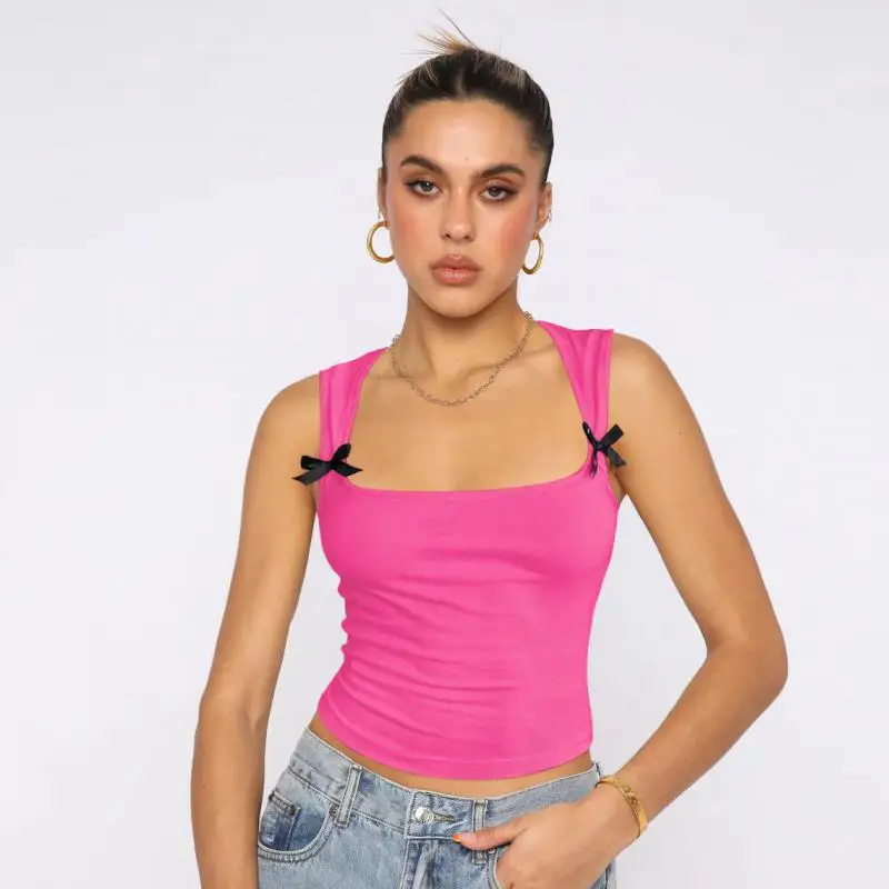 

Summer new design bow Spice Girl slim vest sexy U neck pure desire top women's summer knitwear