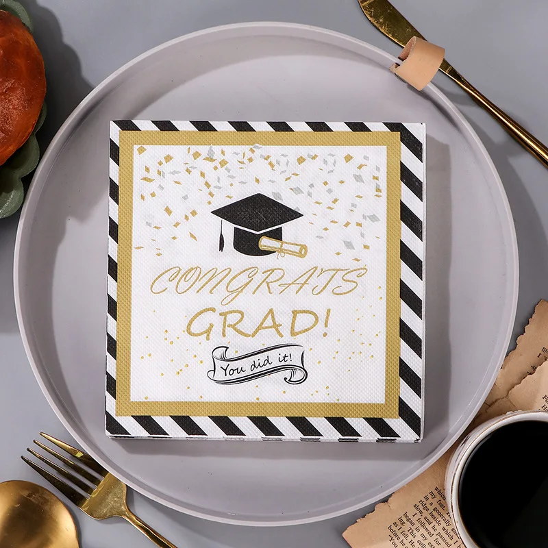 

20pcs/Pac 33*33cm 2-Ply Graduation Party Decoration Square Napkins Doctor's Hat Black Gold Patterned Napkins Paper Placemats