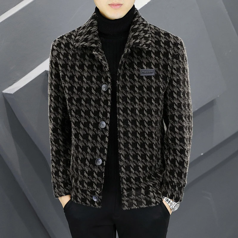 Top Quality Steetwear Lapel Plaid Print Jacket Ropa De Hombre   Winter Men Wool Trench Coat Contrasting Colors Lattice Jacket