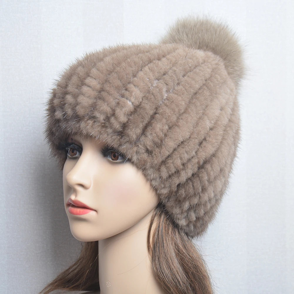 Winter Women Natural Mink Fur Hat Hand Knitted Warm 100% Genuine Mink Fur Cap Russia Lady Real Mink Fur And Fox Fur Pompoms Hats 5