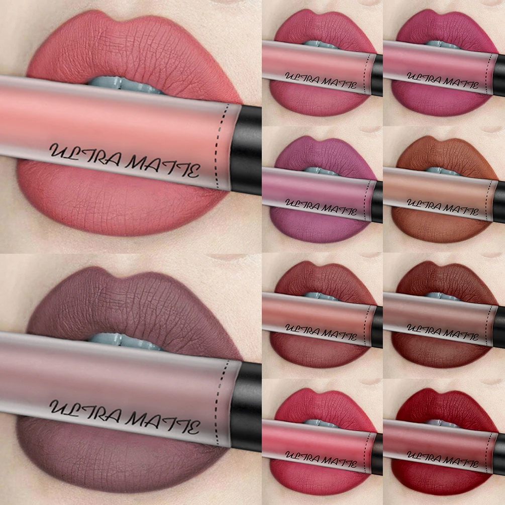 QIBEST Waterproof Liquid Lipstick Batom Red Velvet Lip Tint Brown Nude Matte Colourful Lipstick Makeup Black Lip Gloss lip gloss lip makeup lip tint