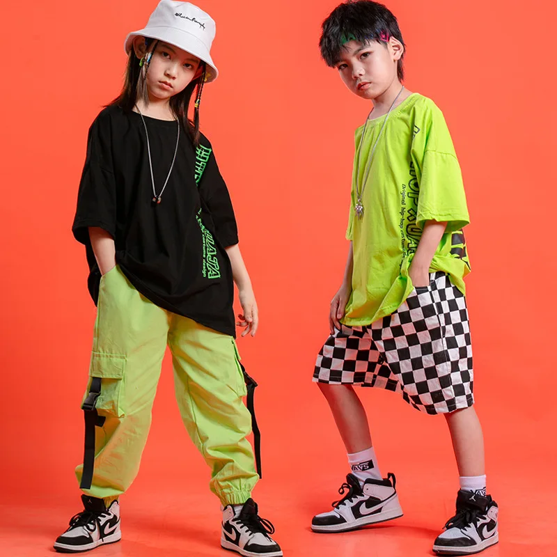 

New Kids Hip Hop Clothing Loose Tshirt Tops Shorts Jogger Overalls Pants Summer Girls Boys Ballroom Jazz Dance Costumes 4-16Y