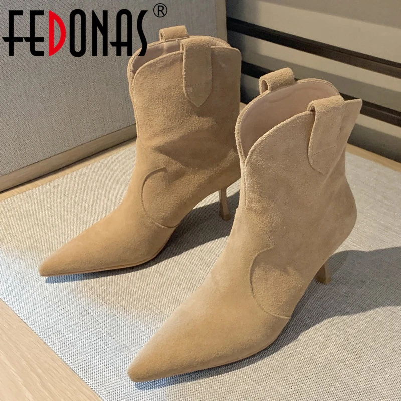 

FEDONAS Women Genuine Leather Ankle Boots Autumn Winter New Pointed Toe Party Sexy Shoes Woman Thin High Heels Mature Lady Boots