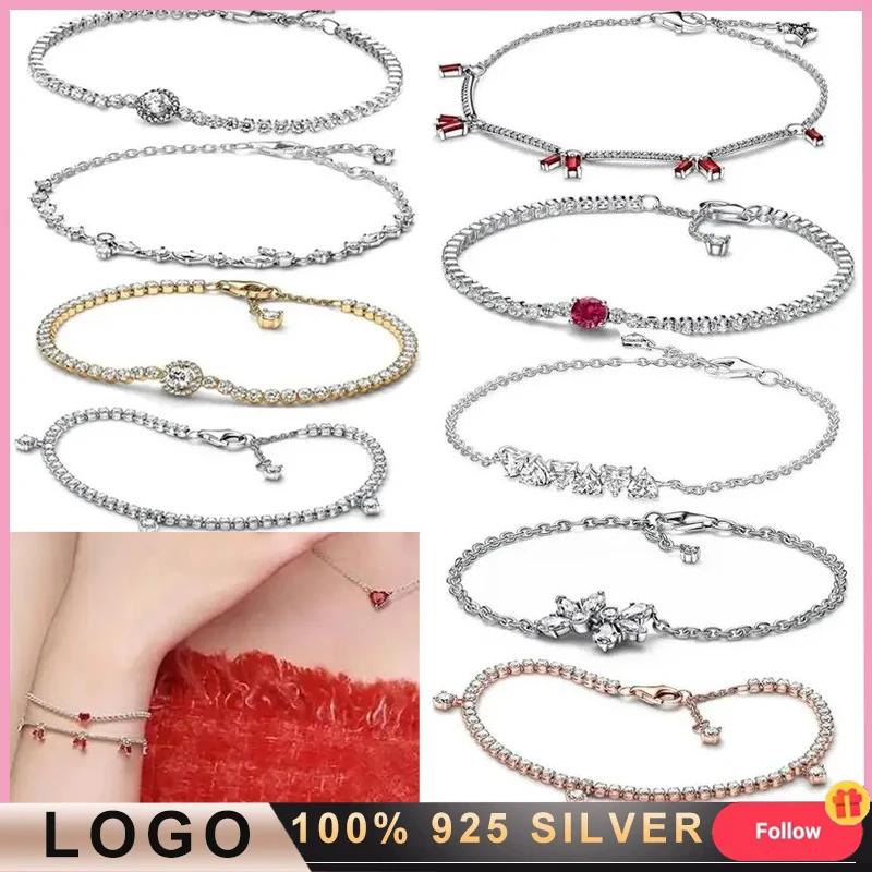 New Women's Bracelet% 925 Silver Original Logo Sparkling Tennis Pendant Bracelet DIY Charming Jewelry Gifts Fashion Light Luxury