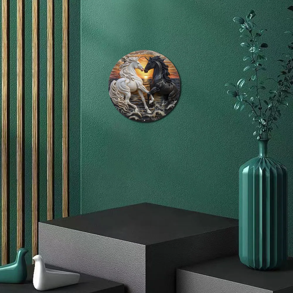 Kranz schild mit Pferde motiven, rundes Aluminium-Metall dekor, Haus, Wohnung, Wohnzimmer, Wand dekoration, dekoratives Geschenk – Detail 8