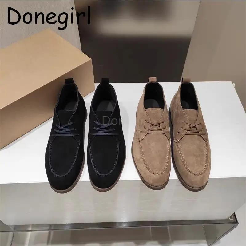 

Donegirl Spring Autumn 2024 New Men Genuine Leather Lacing Suede Flat Shoes Simple Solid Versatile Commute Male Shoes Chic