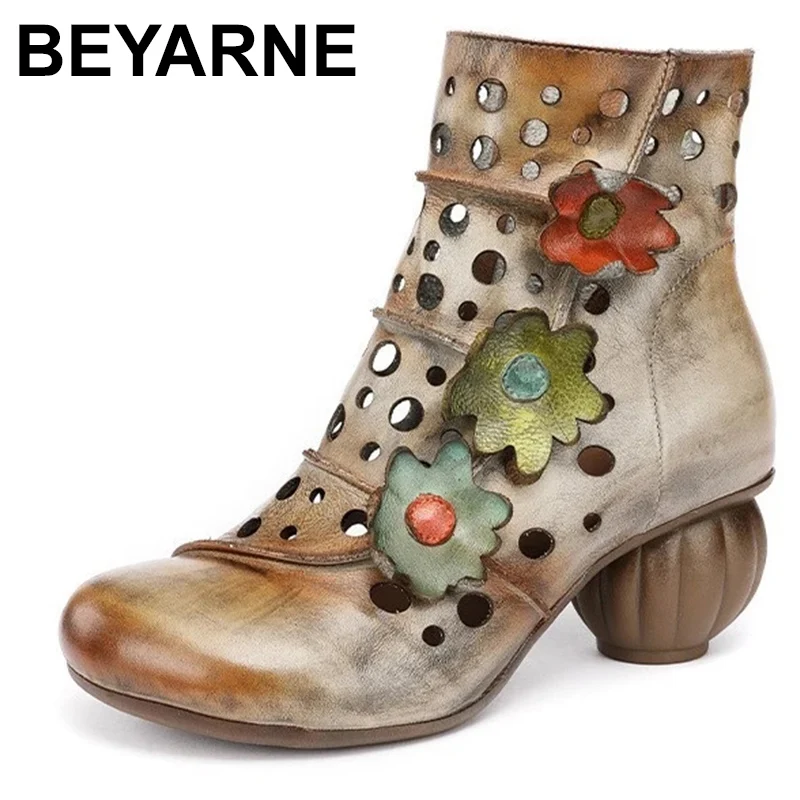 

New In Women's Boots 6cm Ethnic Genuine Leather Appliques Flower Ankle Summer Hollow Breathable Moccasins Designer Shoes