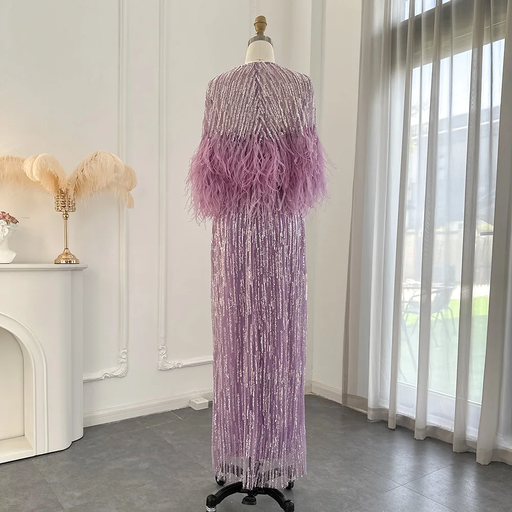 Sharon Said Light Yellow Luxury Dubai Feathers Evening Dresses for Women Wedding Party Arabic Purple Formal Prom Gowns SS430