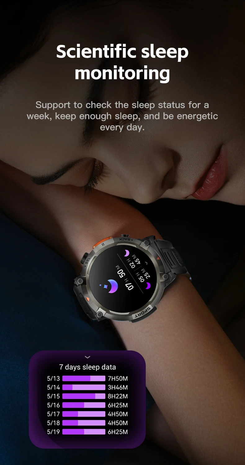 Montre connectée de sport pour hommes avec lampe de poche, moniteur de tension artérielle | Étanchéité IP67 pour Android IOS