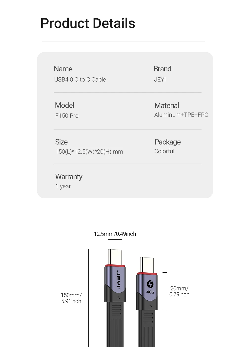 JEYI USB 4.0-Kabel, 40 Gbit/s Datenübertragung, 240 W PD5.0-Stromladung, kompatibel mit Thunderbolt 4/3, USB-C- und USB4-Geräten – Detail 12