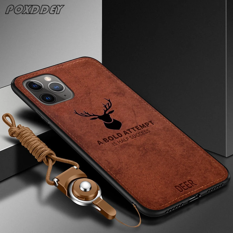 Lanyard Vintage Deer Print Phone Case For iPhone 17 Air Pro Max Max Plus 16E PU Cloth Texture Mild Back Cover