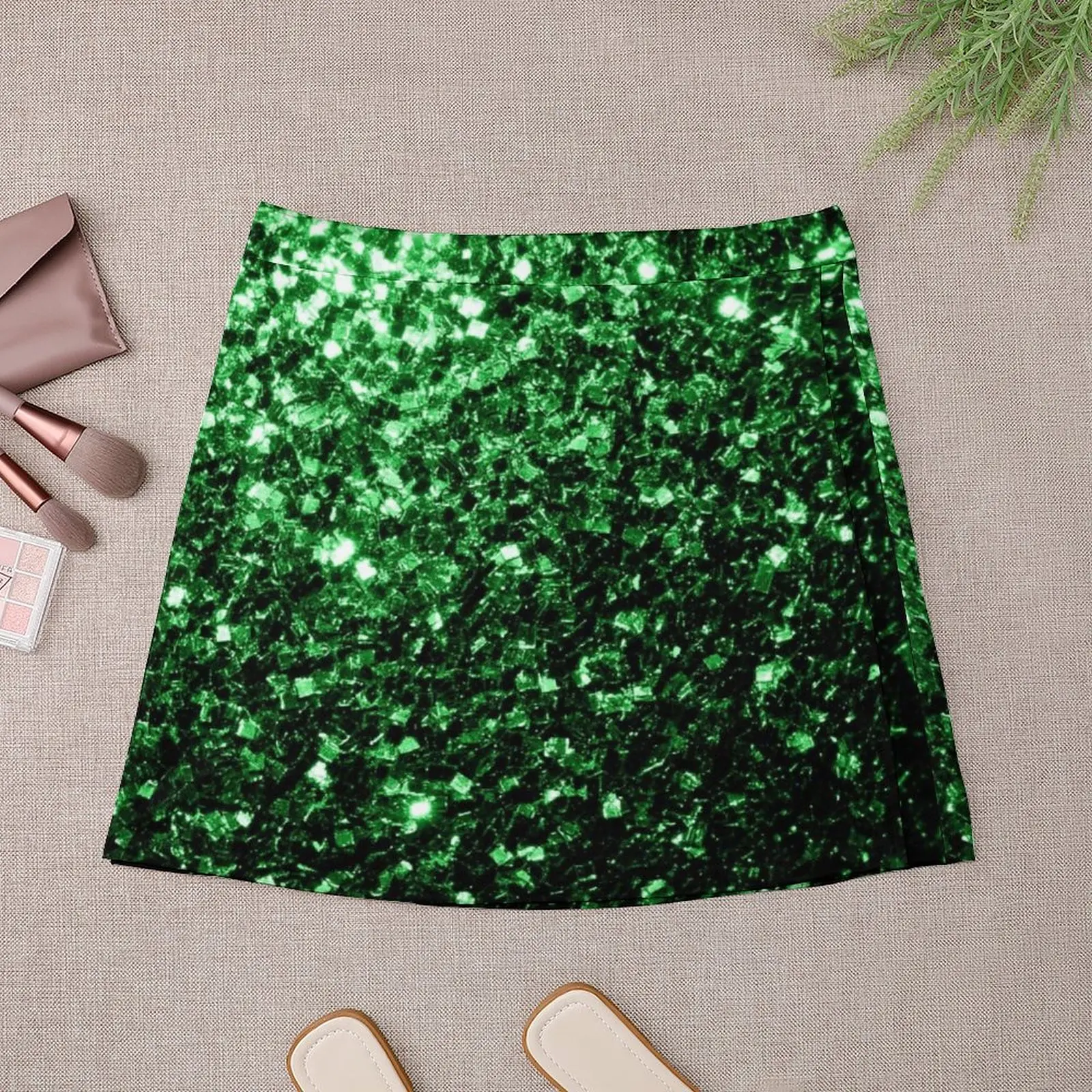Glamour Dark Green faux glitter sparkles Mini Skirt skirt set women clothes Women's summer dress