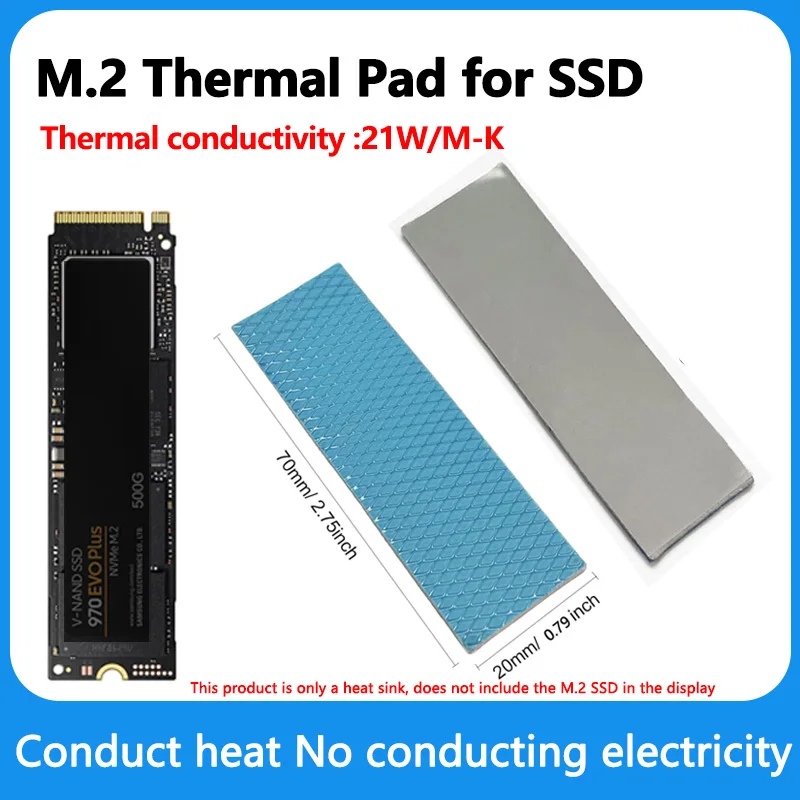 M.2 Thermal Pad 21W/mk 70x20mm Silicone Thermal Pads Non Conductive Heatsink Cooling Pad for Laptop Heatsink/SSD/CPU/LED Cooler