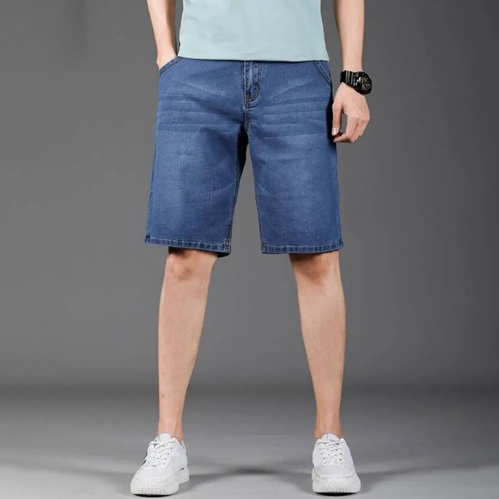 Men Denim Shorts Men's Summer Denim Shorts with Button Zipper Fly Pockets Straight Leg Solid Color Short Pants for Streetwear