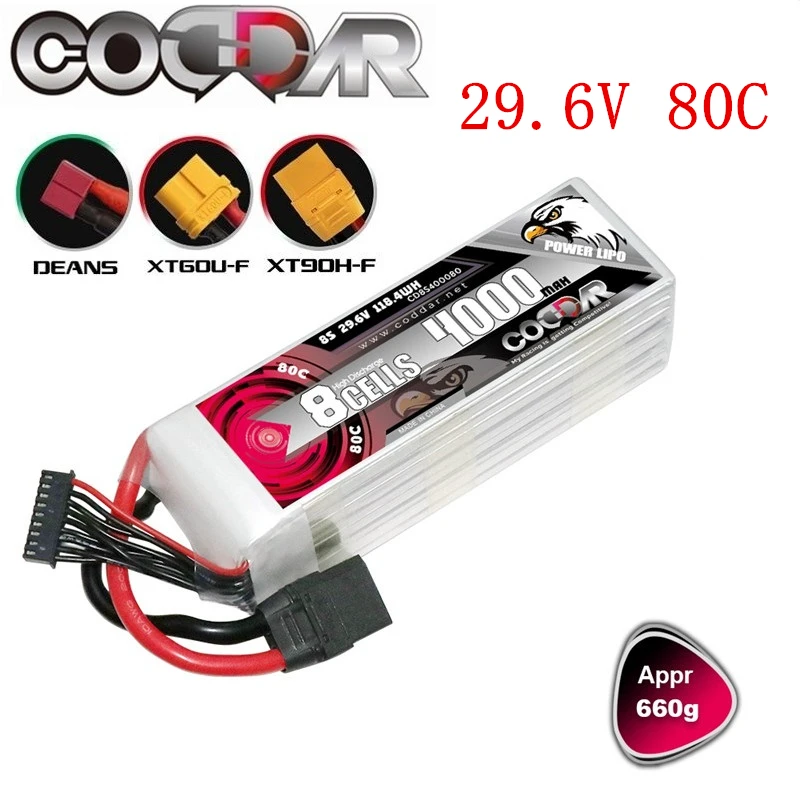 

CODDAR 8S 29.6V 80C 4000mAh Rechargeable Battery For FPV Drone RC Quadcopter Helicopter Airplane Hobby Boat RC 8S LiPo Battery
