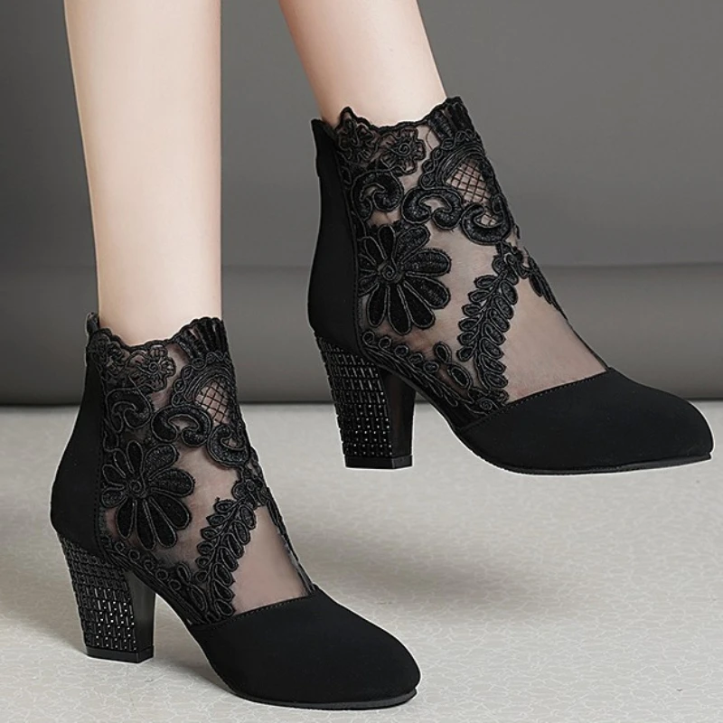 

Женские ботинки с круглым носком, однотонные дышащие ботинки из сетчатой ткани, на молнии, с цветочным принтом, на высоком каблуке, осень 2023