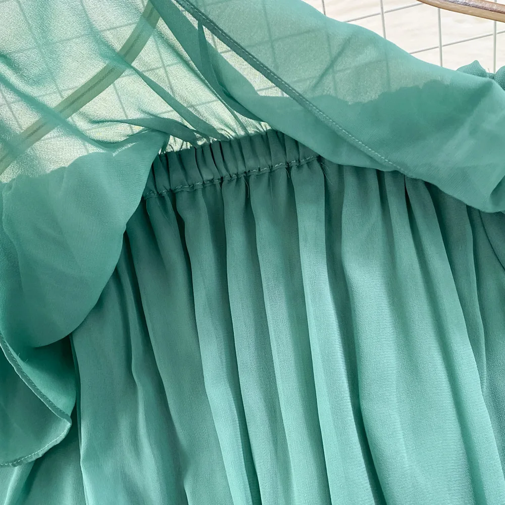 Women Vintage Off Shoulder Dress Chiffon Summer Sweet Lotus Leaf Edge Elegant Pleated Dresses Ladies Evening Party Long Dress