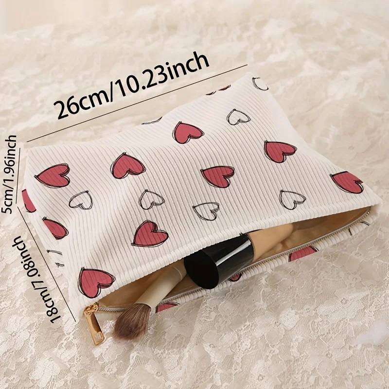 1pc，Minimally designed heart-shaped printed corduroy zipper makeup bag, lightweight and multifunctional cosmetic storage bag