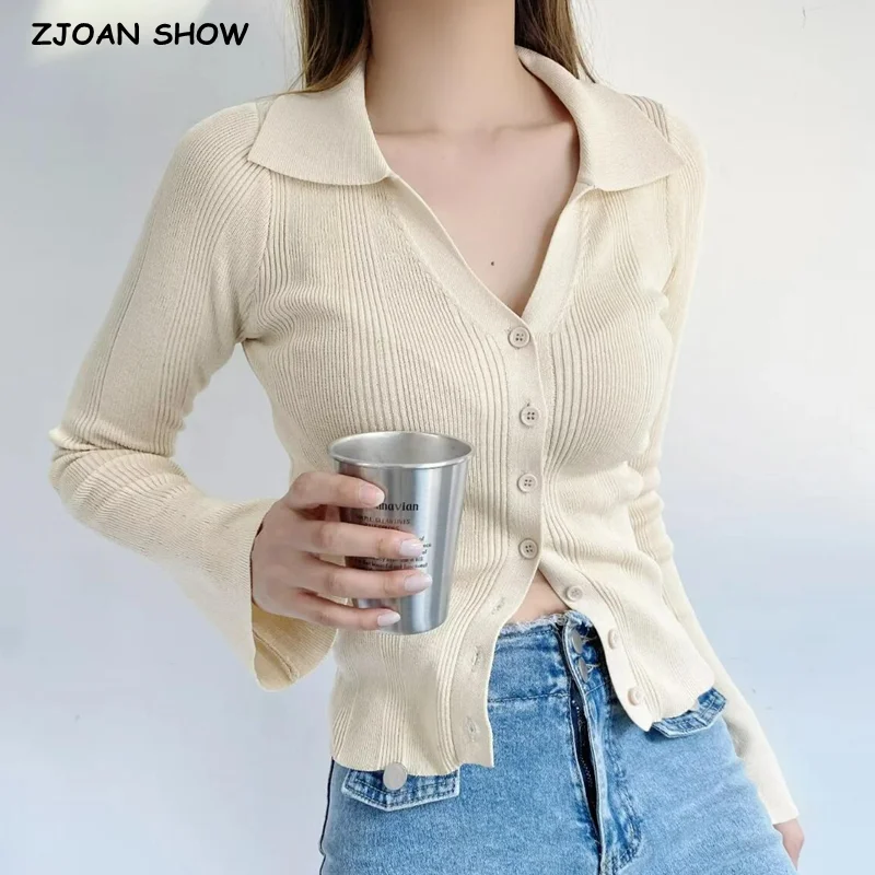 

4 colors Autumn Retro Lapel V Collar Rib Knitted Cardigan Woman Single-breasted Buttons Slim Sweater Full Flare Sleeve Jumpers