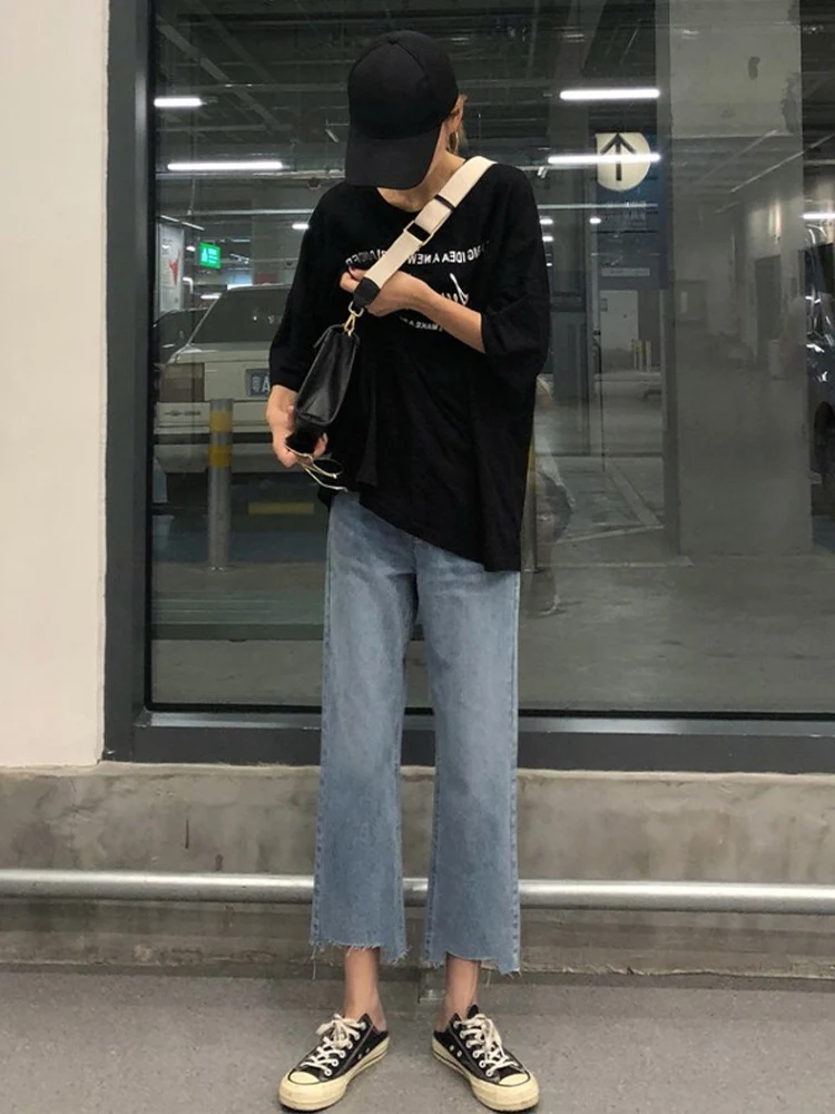 하이웨이스트 플러스 사이즈 데님 진 여성 와이드 레그 팬츠 스트레이트 컷 바지 루즈 나인 포인트 배형 체형 슬림
