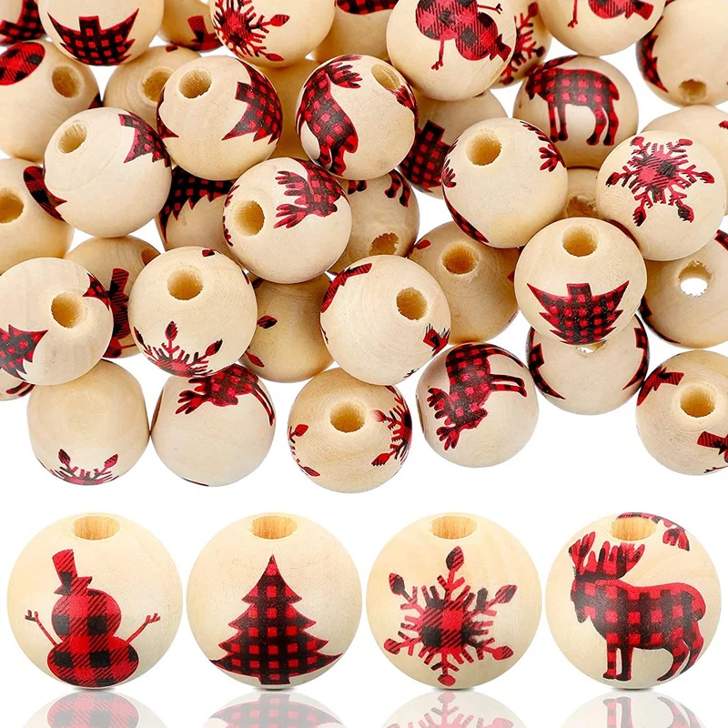 

100Pcs Christmas Buffalo Plaid Wood Beads Farmhouse Wood Round Beads Silhouette Deer Snowflake Snowman Tree Print Beads