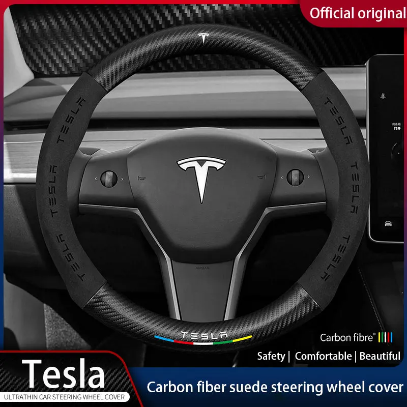 

Tesla Car Suede Carbon Fiber Leather Steering Wheel Cover For Tesla Model 3 Model X Model S Model Y 2021 2022 2023 car