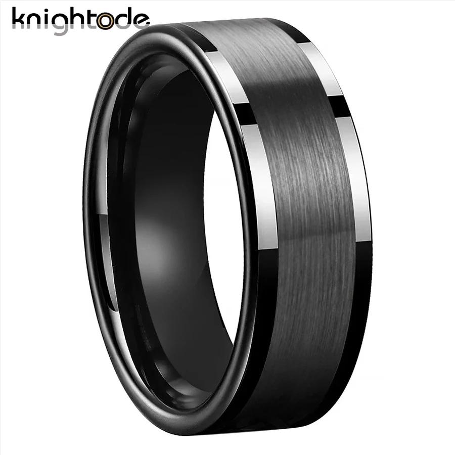 

8mm Black/Silvery Tungsten Carbide Wedding Band Engagement Rings Flat High Polished Center Brushed Never Rust Size 5-15