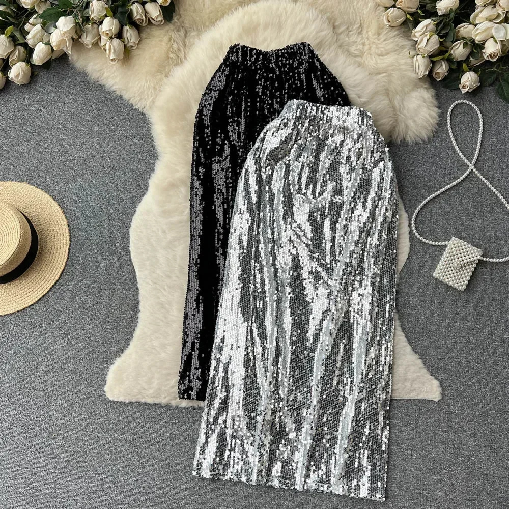 

Women Glitter Sequins High Waist Sexy Skirt Party Fashion Vintage A-line Black Silver Skirts Goth Spring Summer Clothing