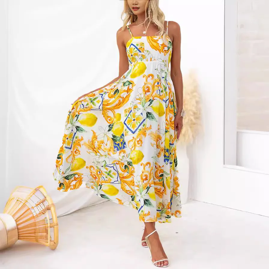 

2024 Spring Summer Women's New Floral Print Strappy Back Tie-Back Elegant Dress