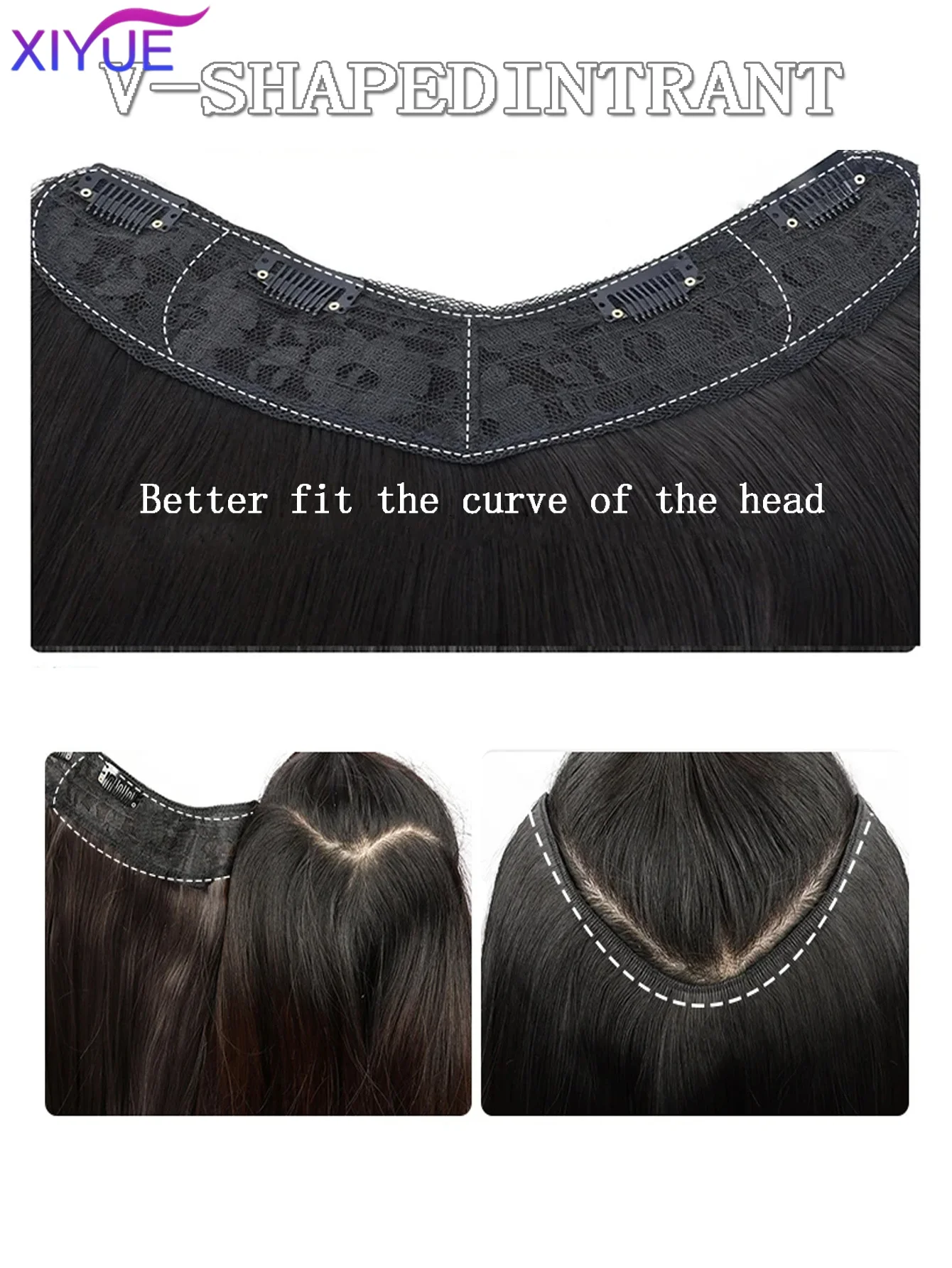 XIYUE Synthetic Long Straight U-Shaped Half Head Wig for Women Black Brown Clips in Hair Extension Natural Fake Hairpieces