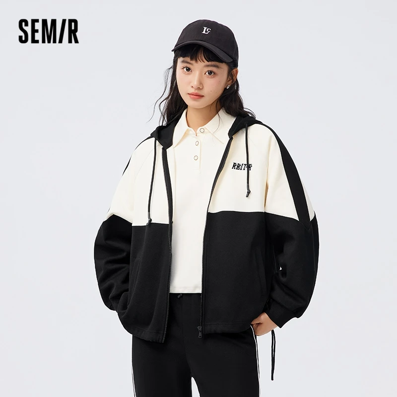 

Semir Women Coat Letter Embroidery Loose Fashion Autumn Color Matching Raglan Sleeves Hooded Knitted Jacket Retro Coat for Women