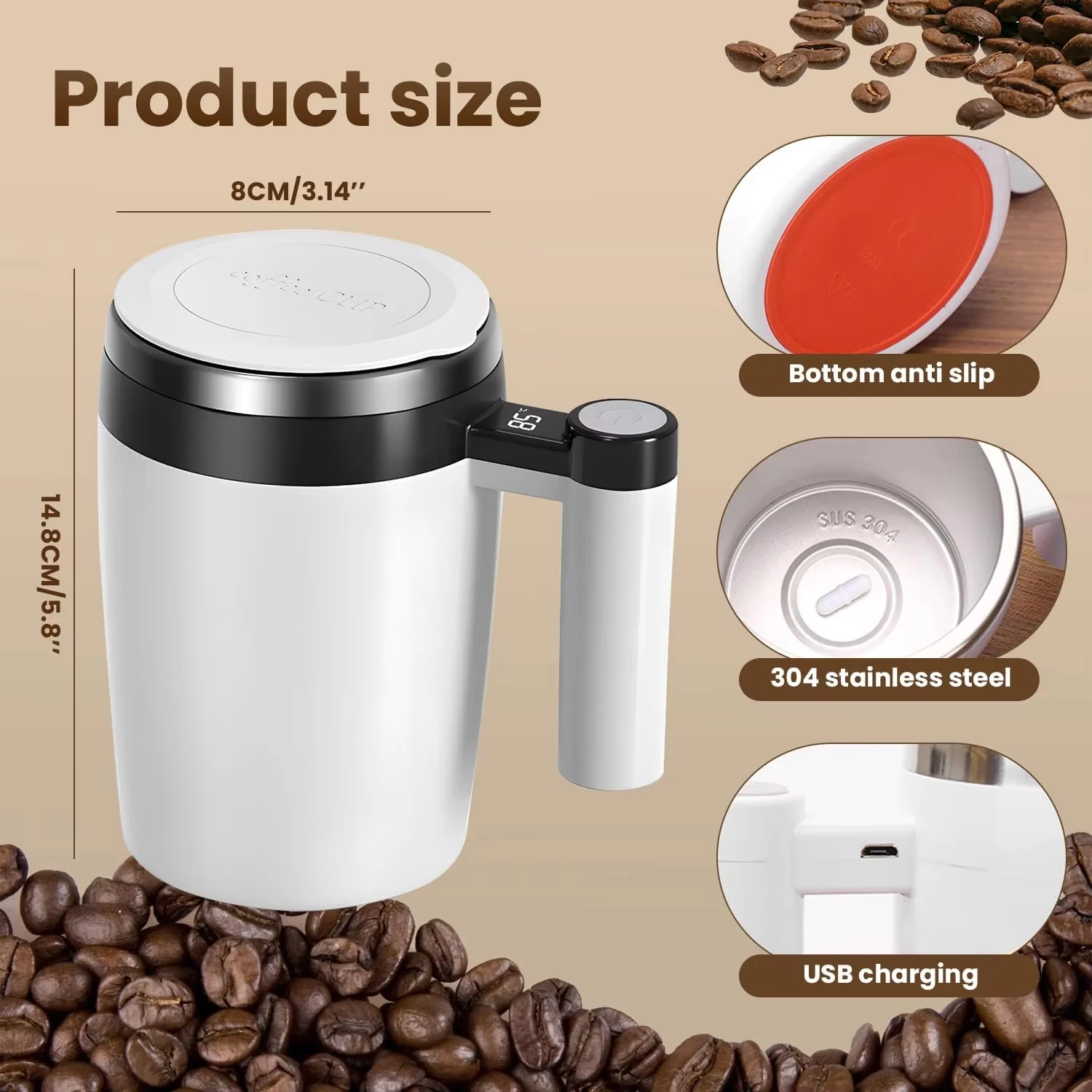 USB Rechargeable Automatic Stirring Cup Electric Self Mixing Coffee Mug Tea Stainless Steel Liner Rotating Magnetic Mug