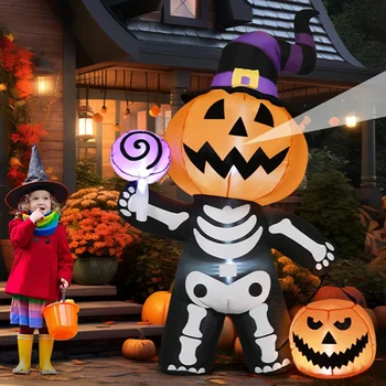 Cráneo inflable para Halloween, modelo de calabaza fantasma LED incorporado, decoración interior y exterior para el hogar, accesorio de jardín, 1,8 M/6 pies
