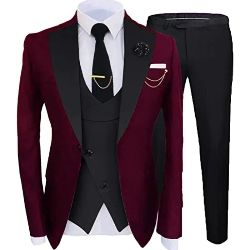 Burgundy Black Mens Suits  Fashion Slim Fit 3 Piece Wedding Tuxedos Elegant Party Blazer Vest Pants Set