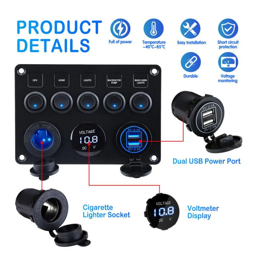 

5 Gang Instrument Panel 12V Power Outlet 4.2A Dual USB Charger LED Digital Voltmeter Switch Toggle For Truck Camper Van Marine