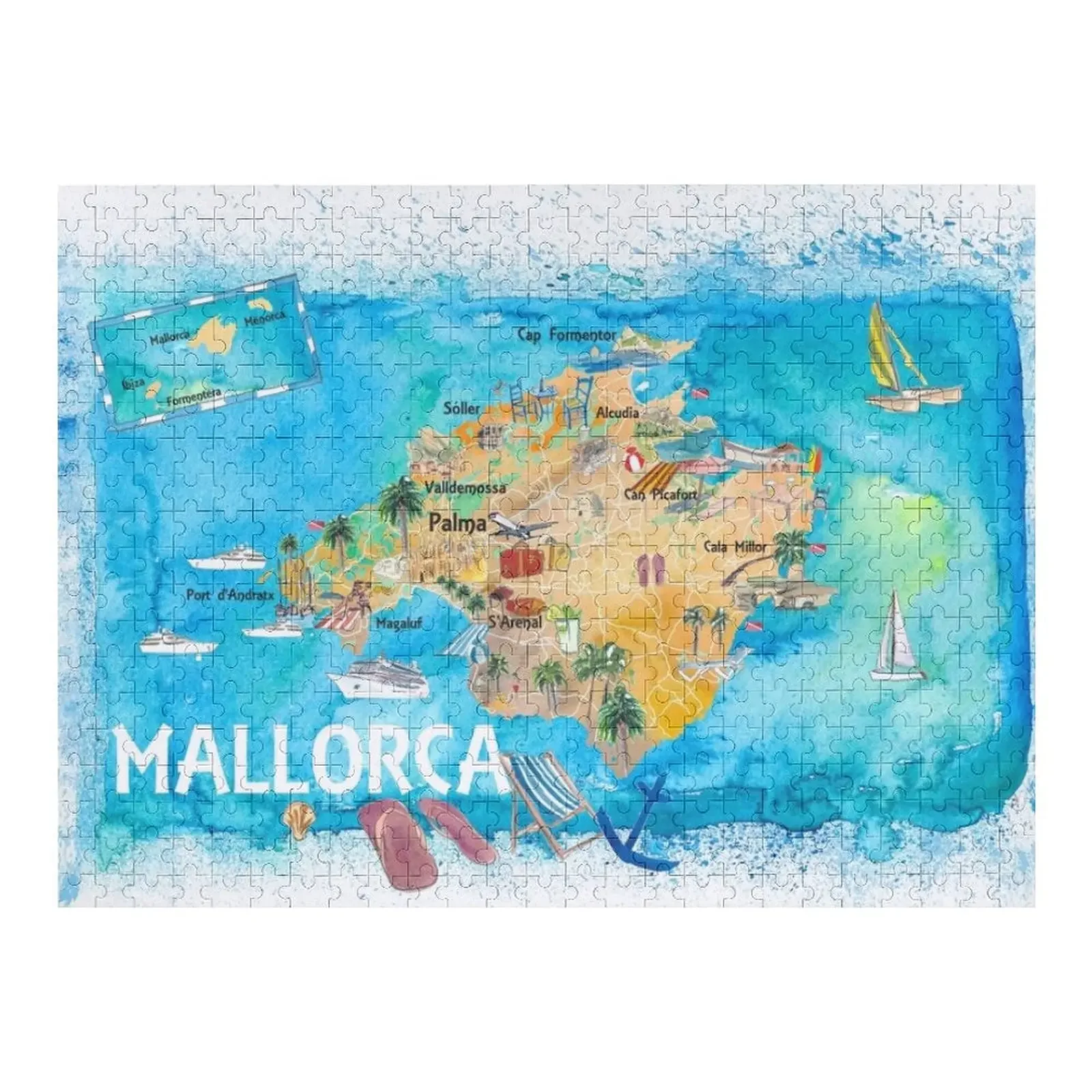 Mallorca Spain Illustrated Map with Landmarks and Highlights Jigsaw Puzzle Personalized Gifts Personalized Kids Gifts Puzzle