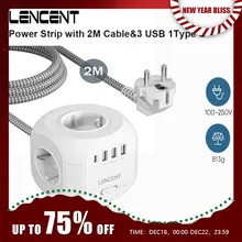 LENCENT EU 플러그 멀티탭, AC 콘센트 4 개, USB 포트 3 개, 1 타입 C, 2M 편조 케이블, 가정용 스위치 포함 멀티 소켓