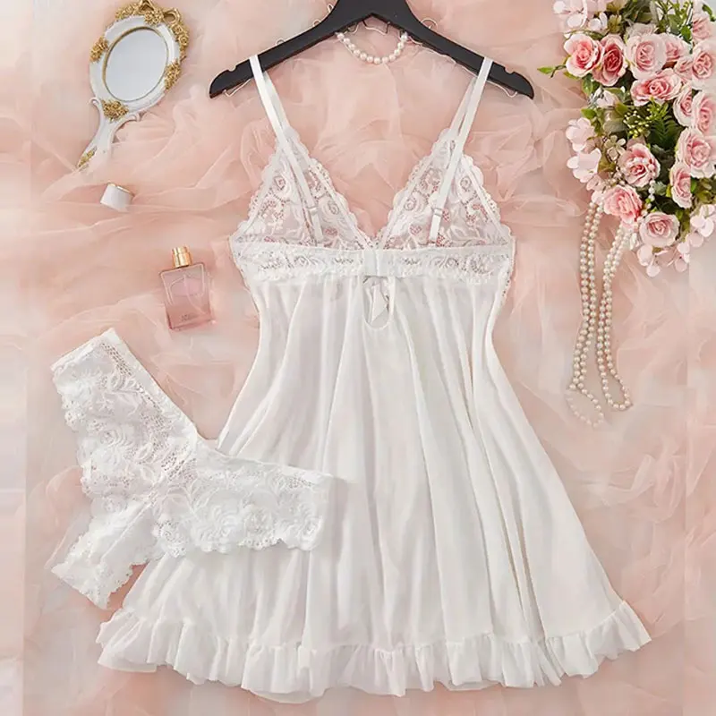 Ice Silk Thin Halter Sexy Women nightgowns Women nightdresses Women pajamas Sleeping dress Women lingerie set Lingerie Pajamas Lace Nightdress And Thong Sets Plus Size Nightwear Women Underwear Sleepwear Transparent Dress
