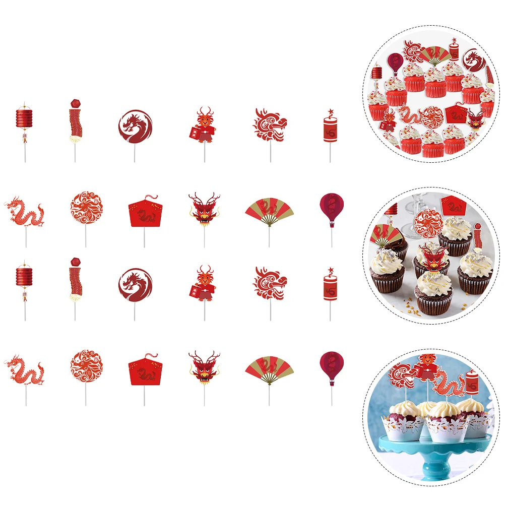 

Chinese New Year Cupcake Toppers 24Pcs Dragon Cake Picks Toothpicks Spring Festival Party Supplies