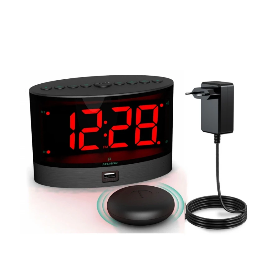 שעון מעורר עוצמתי ANJANK עבור אנשים שינויי שינה כבדים עם מעצור מיטה אלחוטי, רטט עבור אנשים חשים / חוסמי שמיעה, מעורר כפול, מטען USB
