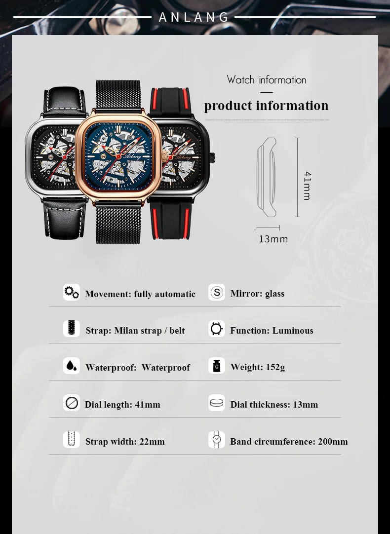 AILANG Top Skelett Quadrat Mechanesch Fir Männer Automatesch Handgelenk Waasserdicht Mesh Gürtel es_voghion.com