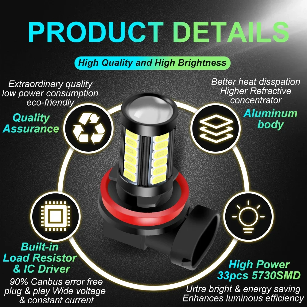 LED bulbs 2X H11 LED fog light bulbs H8 H9 H16 JP EU 9005 HB3 9006 HB4 PSX24W PSX26W LED 1500LM 6000K White orange light Not for headlight