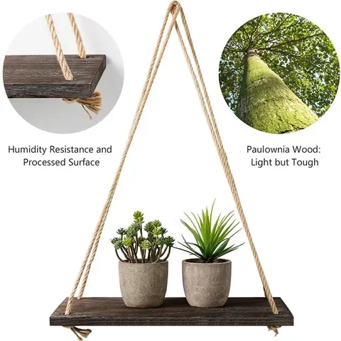 

Wooden Wall Mounted Shelves Plant Flower Swing Hanging Rope Bedroom Decoration Shelf Home Decor
