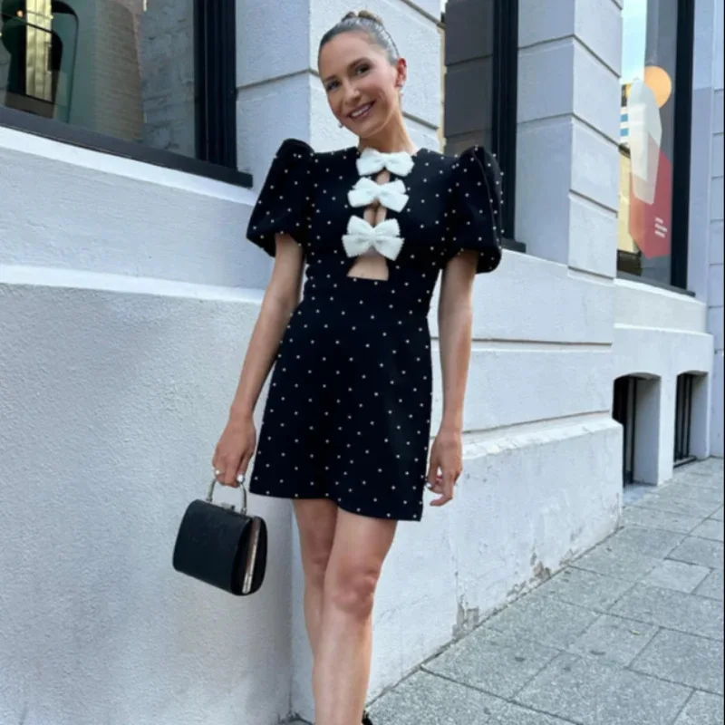 Vestido mini con lazo de moda para mujer, vestido de fiesta elegante de manga corta con retazos calados y diseño de lazo, vestido de calle para mujer